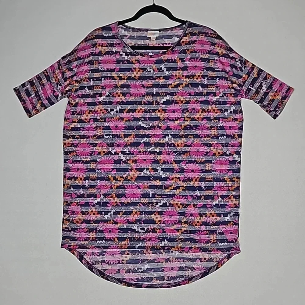 LuLaRoe Irma Floral Striped Top Tunic Blue Pink Orange White Size XS